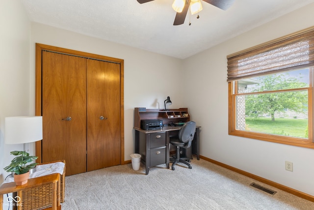 1864 Holiday Pines Dr, Brownsburg, IN 46112 - home office with ceiling fan, light colored carpet, and baseboards