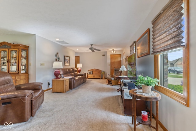 1864 Holiday Pines Dr, Brownsburg, IN 46112 - living room featuring light colored carpet, a ceiling fan, baseboards, and recessed lighting