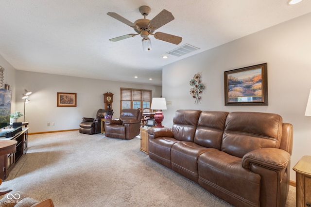 1864 Holiday Pines Dr, Brownsburg, IN 46112 - living area featuring light colored carpet, ceiling fan, baseboards, and recessed lighting