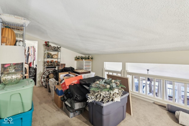 interior space with a closet, a walk in closet, a textured ceiling, and vaulted ceiling