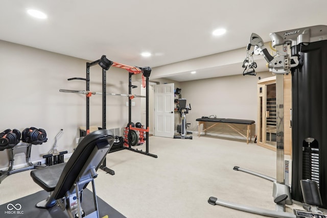 workout area with recessed lighting and carpet floors