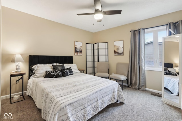 bedroom with carpet flooring, baseboards, and a ceiling fan