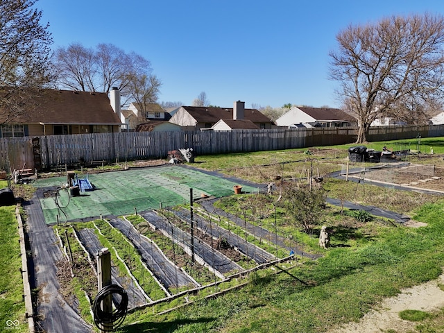 view of yard with a fenced backyard, a garden, and a residential view