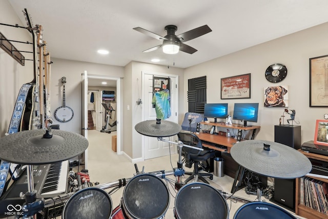 home office featuring ceiling fan, recessed lighting, and baseboards