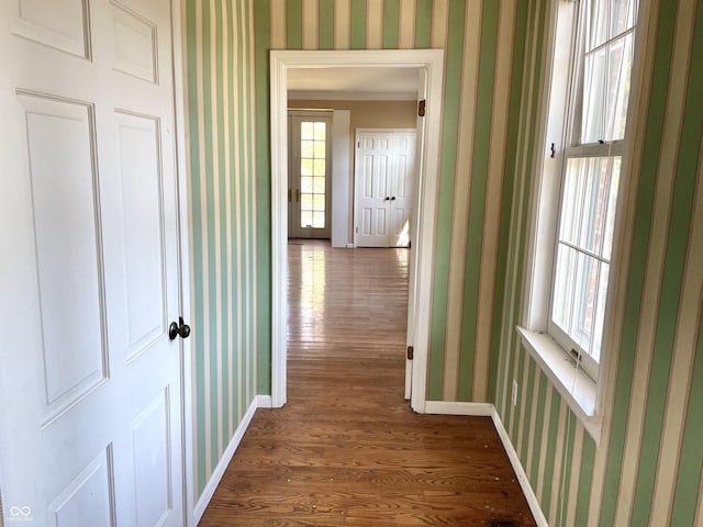 7180 N State Road 42, Eminence, IN 46125 - corridor with baseboards, wallpapered walls, and dark wood finished floors