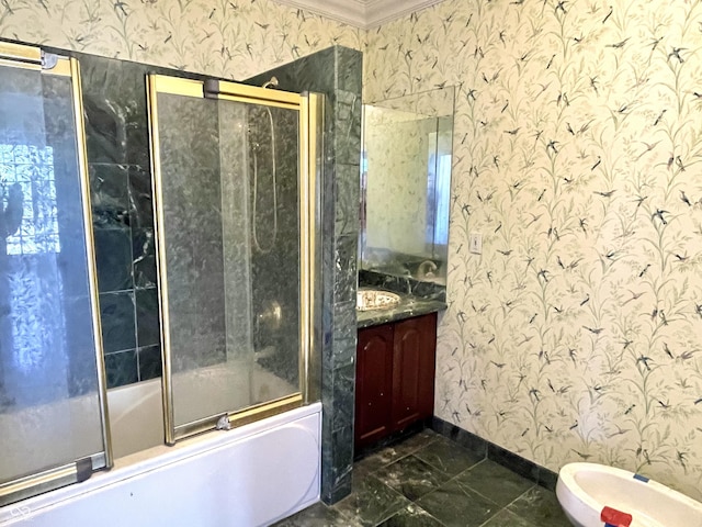 7180 N State Road 42, Eminence, IN 46125 - full bathroom with shower / bath combination with glass door, vanity, wallpapered walls, and crown molding