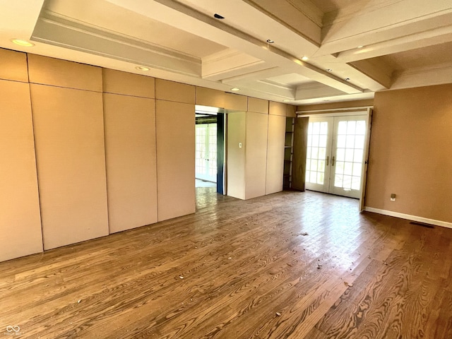 7180 N State Road 42, Eminence, IN 46125 - empty room featuring baseboards, french doors, beam ceiling, coffered ceiling, and wood finished floors