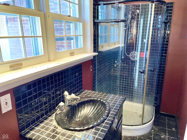 7180 N State Road 42, Eminence, IN 46125 - bathroom with decorative backsplash, a stall shower, and vanity