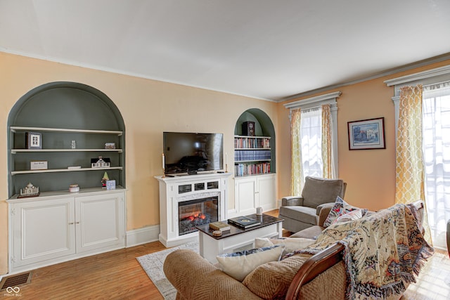 110 E Hendricks St, Shelbyville, IN 46176 - living room with plenty of natural light, built in shelves, light wood finished floors, and visible vents