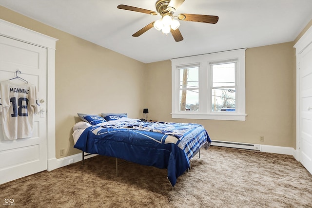 carpeted bedroom featuring baseboards, a baseboard heating unit, and a ceiling fan