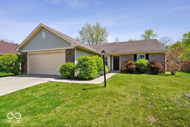 single story home with concrete driveway, brick siding, an attached garage, and a front yard