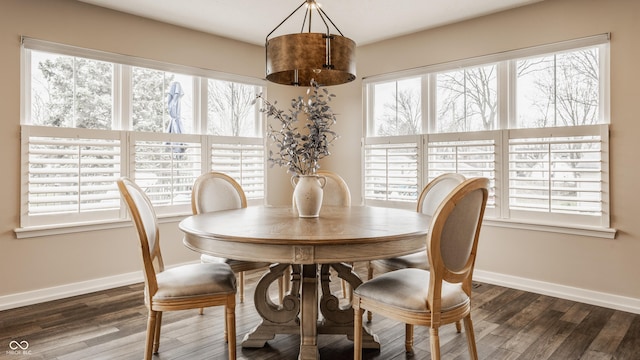 dining room with plenty of natural light, dark wood-type flooring, and baseboards