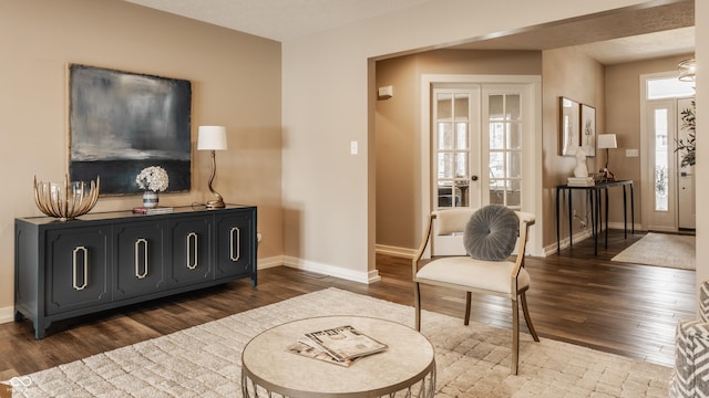 interior space with baseboards, wood finished floors, and french doors
