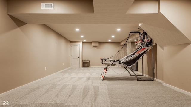 workout room with carpet flooring, recessed lighting, baseboards, and visible vents