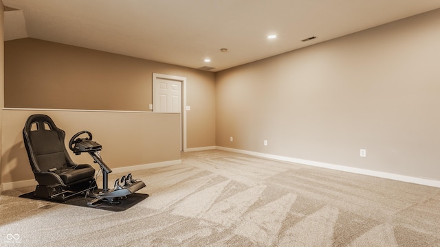interior space featuring baseboards, visible vents, recessed lighting, and carpet