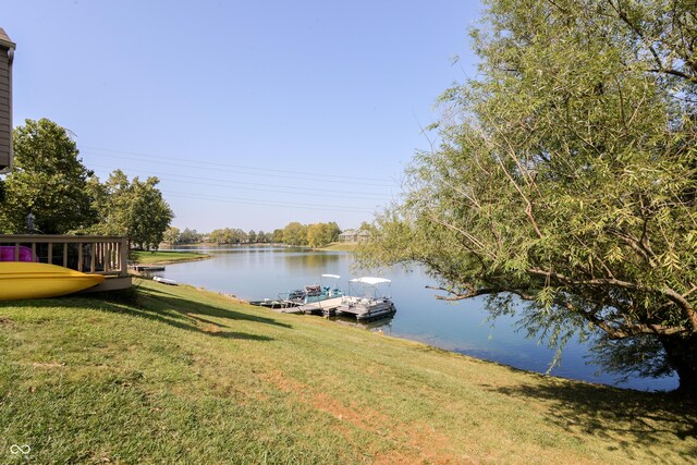 dock area featuring a water view and a yard