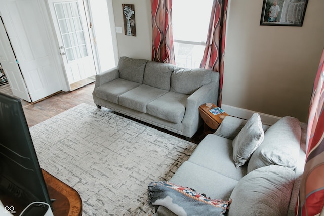 living area featuring baseboards and wood finished floors