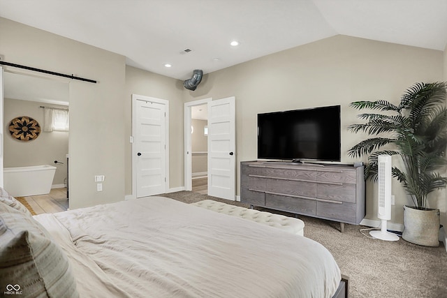 934 E Minnesota St, Indianapolis, IN 46203 - bedroom with vaulted ceiling, recessed lighting, baseboards, a barn door, and visible vents