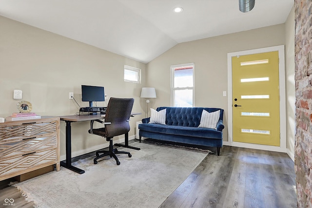934 E Minnesota St, Indianapolis, IN 46203 - home office featuring baseboards, lofted ceiling, and wood finished floors