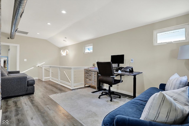 934 E Minnesota St, Indianapolis, IN 46203 - home office with wood finished floors, lofted ceiling, baseboards, visible vents, and recessed lighting