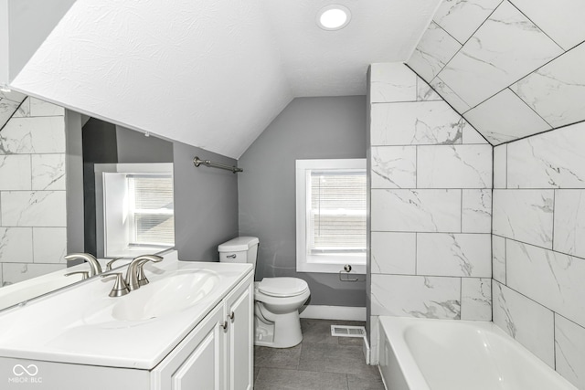 full bathroom with lofted ceiling, visible vents, toilet, a wealth of natural light, and vanity