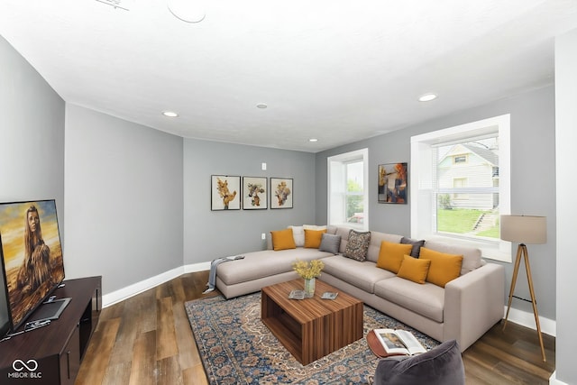 1653 S Delaware St, Indianapolis, IN 46225 - living area featuring baseboards, wood finished floors, and recessed lighting
