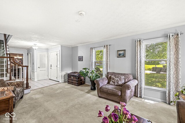 7138 Avalon Trail Ct, Indianapolis, IN 46250 - living area featuring stairs, carpet floors, ornamental molding, a chandelier, and a textured ceiling