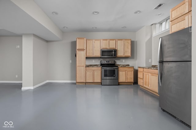 3447 Washington Blvd, Indianapolis, IN 46205 - kitchen with appliances with stainless steel finishes, light brown cabinetry, concrete floors, and recessed lighting