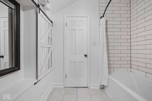3447 Washington Blvd, Indianapolis, IN 46205 - bathroom featuring baseboards, shower / bathtub combination with curtain, and tile patterned floors