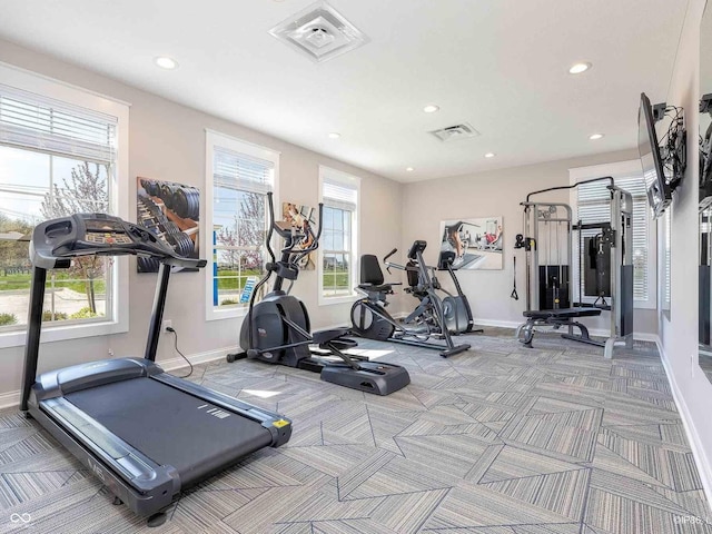 2460 Collins Dr, Westfield, IN 46074 - exercise room featuring baseboards, carpet flooring, and recessed lighting