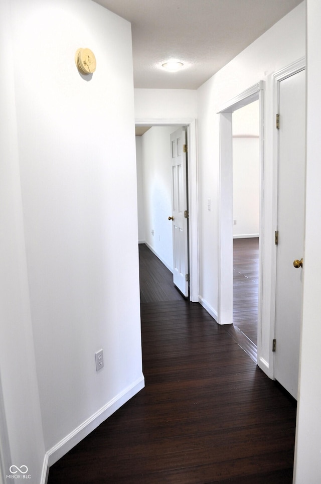 hallway featuring baseboards and dark wood finished floors