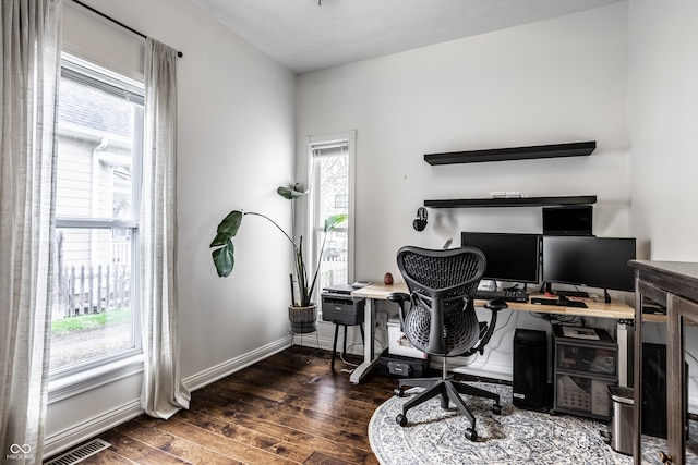 office area with baseboards, visible vents, and wood finished floors
