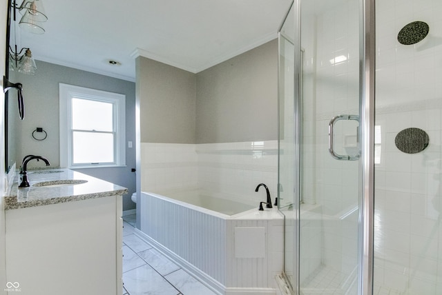 7525 N Meridian St, Indianapolis, IN 46260 - full bath featuring a bath, crown molding, a shower stall, marble finish floor, and vanity