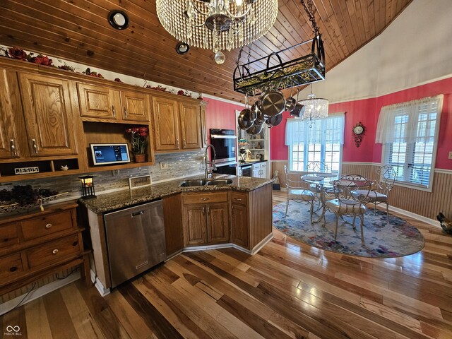 kitchen with an inviting chandelier, wainscoting, dishwasher, wood ceiling, and a sink