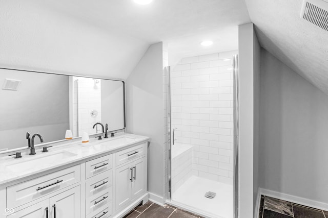 555 N Hamilton Ave, Indianapolis, IN 46201 - full bath featuring baseboards, lofted ceiling, a sink, and a shower stall