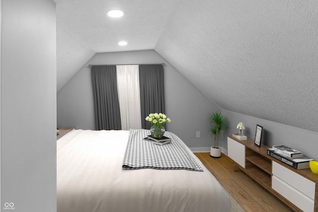 555 N Hamilton Ave, Indianapolis, IN 46201 - bedroom with a textured ceiling, baseboards, wood finished floors, recessed lighting, and lofted ceiling