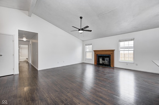 6036 Terrytown Pkwy, Indianapolis, IN 46254 - unfurnished living room with dark wood-style floors, beamed ceiling, ceiling fan, and baseboards