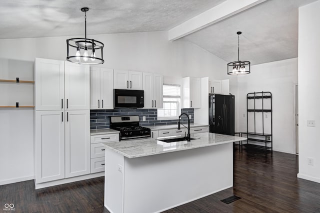 6036 Terrytown Pkwy, Indianapolis, IN 46254 - kitchen with vaulted ceiling with beams, black appliances, a sink, and an inviting chandelier