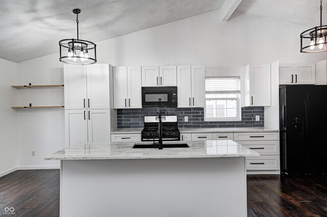 6036 Terrytown Pkwy, Indianapolis, IN 46254 - kitchen with an inviting chandelier, lofted ceiling with beams, and black appliances