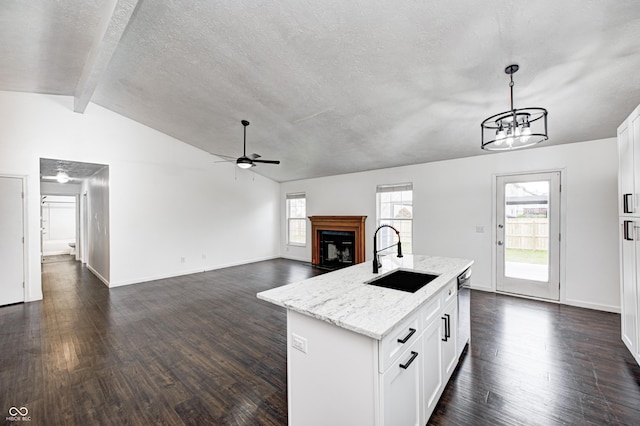 6036 Terrytown Pkwy, Indianapolis, IN 46254 - kitchen with dark wood-style flooring, a sink, a healthy amount of sunlight, and ceiling fan with notable chandelier