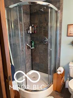 full bathroom with toilet and a shower stall