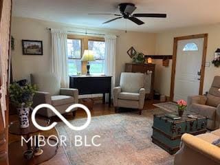living room with a ceiling fan