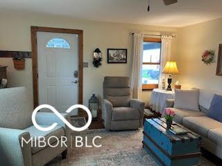 living area with ceiling fan