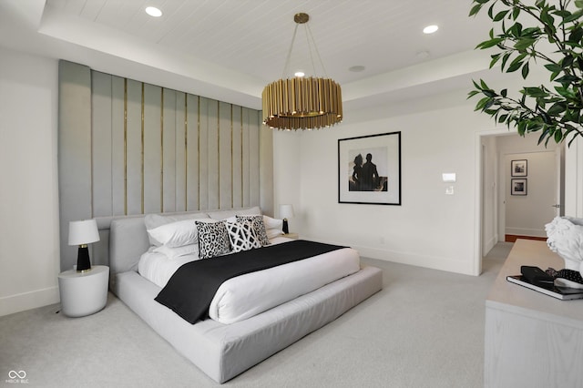 5130 Melbourne Pl, Zionsville, IN 46077 - bedroom with recessed lighting, light colored carpet, a tray ceiling, baseboards, and wood ceiling
