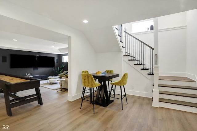 5130 Melbourne Pl, Zionsville, IN 46077 - dining room featuring wood finished floors, stairs, recessed lighting, and baseboards
