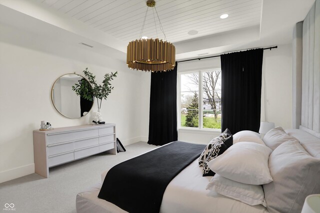 5130 Melbourne Pl, Zionsville, IN 46077 - carpeted bedroom with baseboards, a raised ceiling, wood ceiling, and recessed lighting
