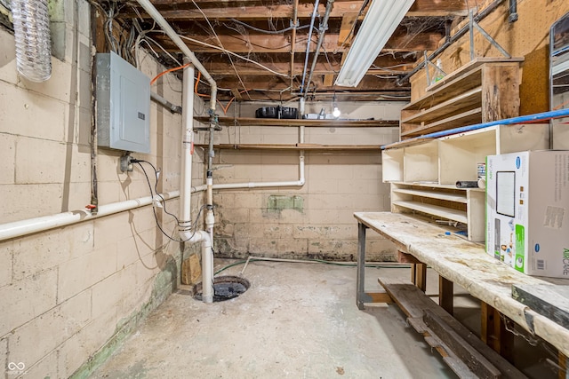3510 Chamberlin Dr, Indianapolis, IN 46237 - unfinished basement featuring a workshop area and electric panel