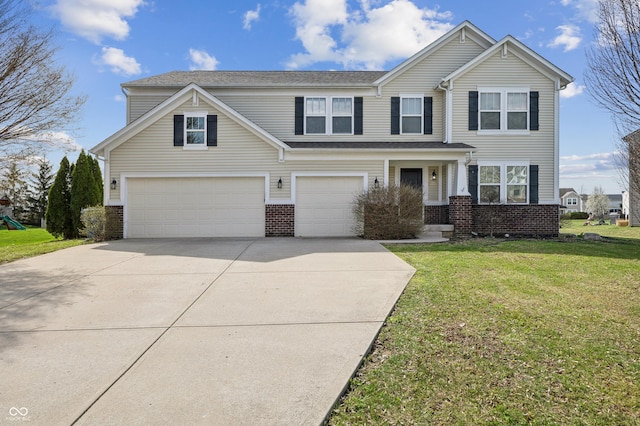 4747 Summit Lake Pl, Indianapolis, IN 46239 - view of front facade with driveway, a front lawn, a playground, brick siding, and a garage