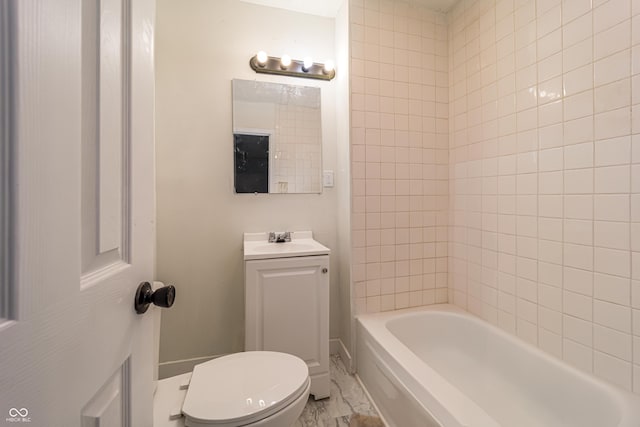 2134 Dawson St, Indianapolis, IN 46203 - bathroom featuring toilet, shower / washtub combination, marble finish floor, and vanity