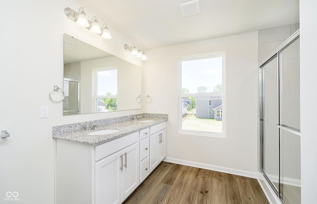 3241 Fawn Cir, Brownsburg, IN 46112 - full bath with wood finished floors, plenty of natural light, tiled shower, and double vanity
